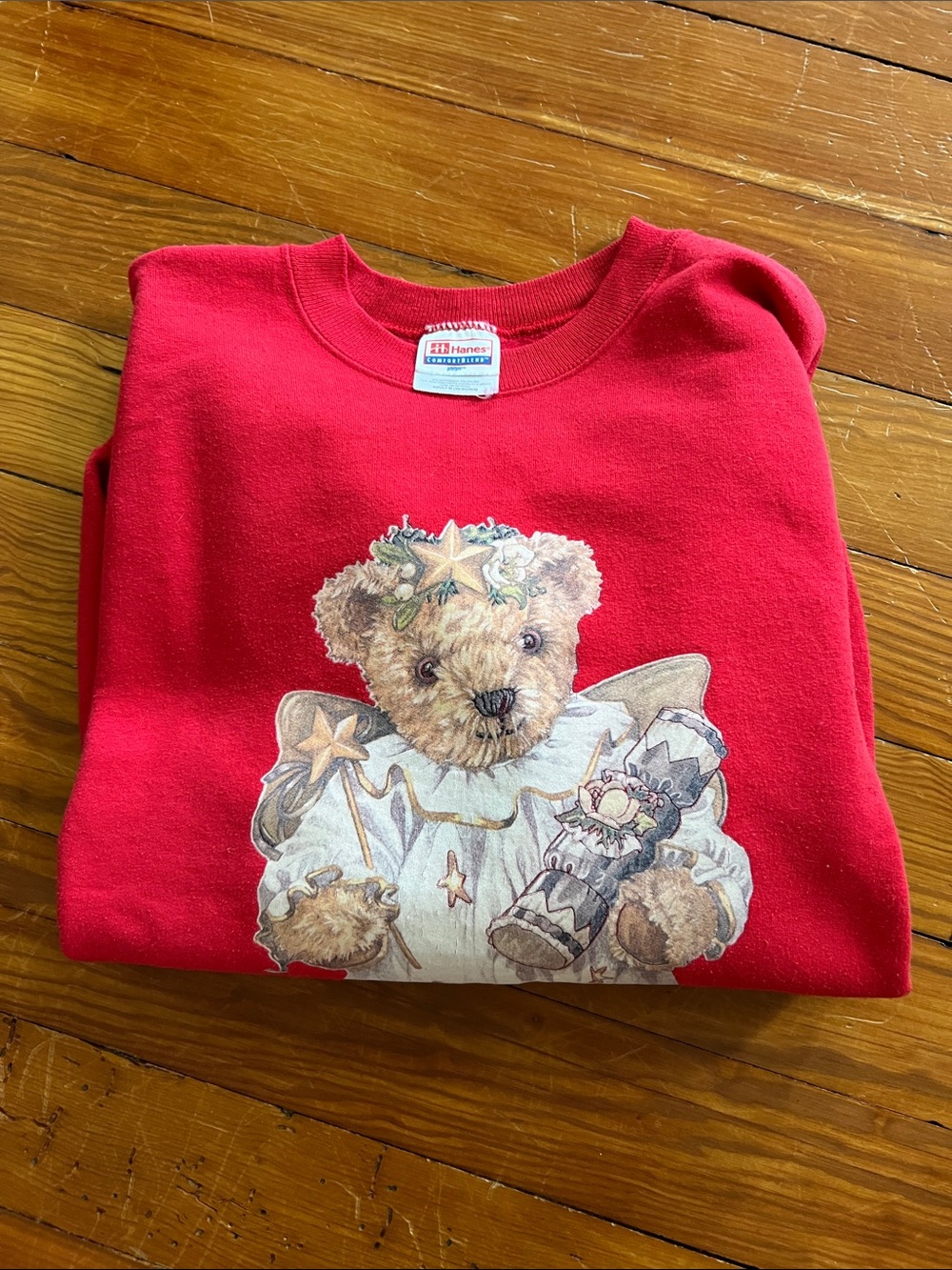 Hanes Womens Red Teddy Bear Crewneck Sweatshirt
